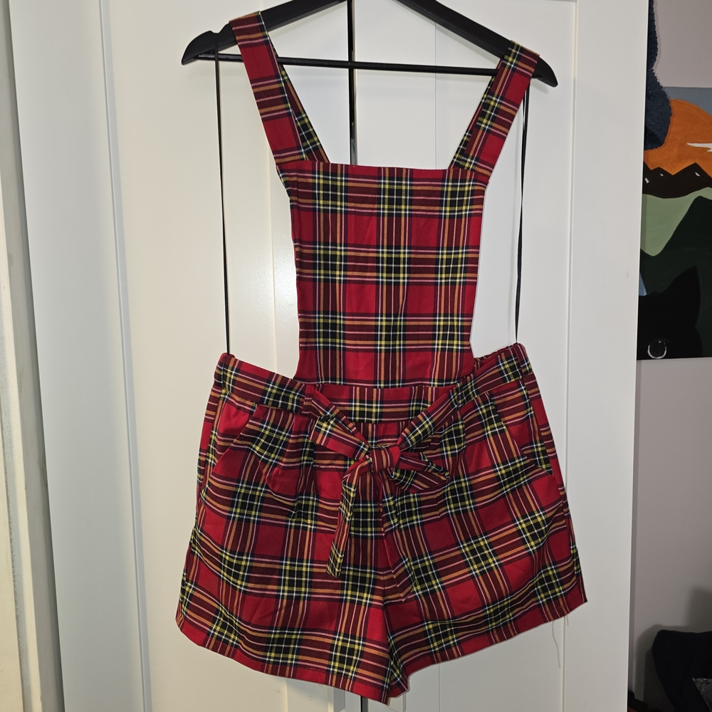 Red Plaid Overall Shorts